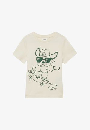 Beigefarbenes Kleinkind-T-Shirt mit einer Cartoon-Hund, der eine Mütze und Sonnenbrille trägt, Skateboard fährt und dem Text "Zeit zum Spaß haben!" auf der Vorderseite.