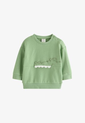 Grøn bomulds-sweatshirt med rund halsudskæring, lange ærmer og et struktureret krokodillemønster med hvide tanddetaljer.