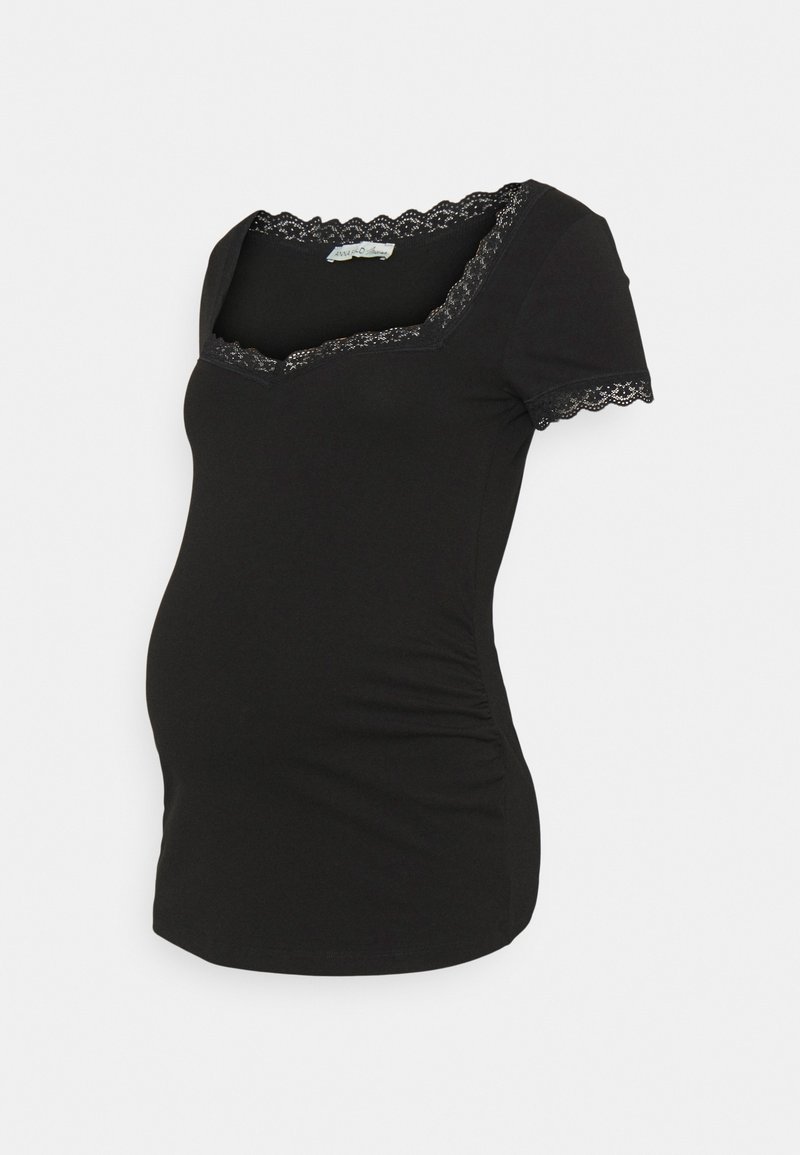 Black maternity t-shirt with short sleeves, square neckline, and lace trim. Soft fabric with gathered texture at the sides for stretch.