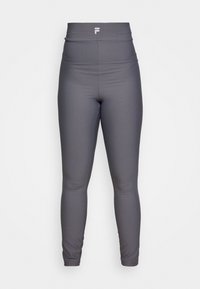 Leggings cinza de cintura alta feitos de tecido canelado. Apresentam um design ajustado com um logo na cintura e uma textura suave.