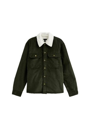 Giacca camicia in corduroy verde con colletto in pile bianco, dotata di due tasche sul petto, chiusura con bottoni e maniche lunghe. Tessuto texture.