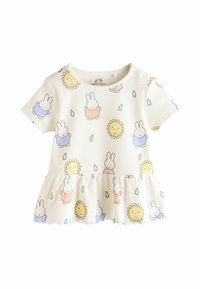 Kurzärmliges cremfarbiges Oberteil mit fransigem Saum. Es zeigt bunte Cartoon-Hasen und Sonnenmuster. Hergestellt aus weichem, geripptem Material.