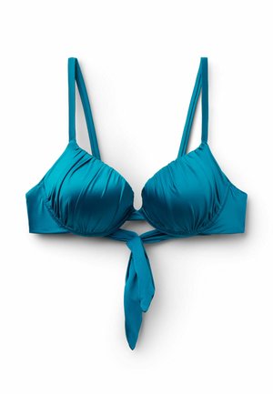 Haut de bikini rembourré couleur sarcelle avec bretelles réglables et détail noué à l'avant, présenté sur fond blanc.