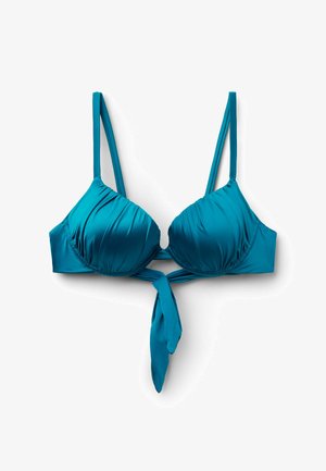 Haut de bikini rembourré couleur sarcelle avec bretelles réglables et détail noué à l'avant, présenté sur fond blanc.