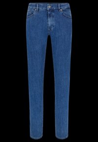Jeans de mezclilla azul con un corte recto, cinco bolsillos, costuras sutiles y herrajes metálicos. La tela tiene una textura suave y es de peso medio.