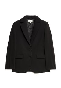 Černý blazer s klopovým límcem, dvěma předními kapsami a dvěma knoflíky. Hladká textura, podšívka uvnitř, klasický střih.