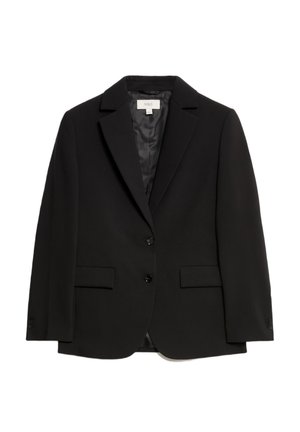 Schwarze Blazer mit Reverskragen, zwei Fronttaschen und zwei Knöpfen. Glatte Textur, gefüttertes Innenfutter, klassisches Tailored-Design.