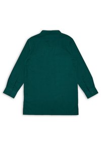 Camicia a maniche lunghe color teal con colletto, polsini abbottonati e orlo dritto. Realizzata in tessuto testurizzato senza motivi visibili.