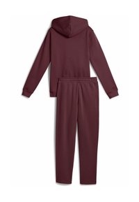 Completo di felpa e pantaloni bordeaux. La felpa presenta un cappuccio con cordino e polsini a coste; i pantaloni hanno una vita elastica con tasche laterali. Texture liscia.