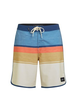 Bañador de hombre con rayas en azul, naranja y beige. Hecho de tela ligera, con cierre de cordón y bolsillos en las costuras laterales.