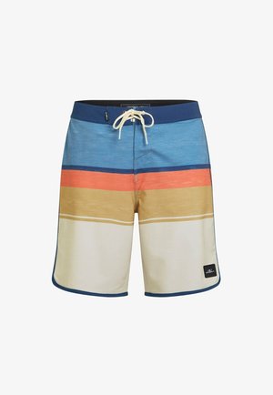Pánské plavecké šortky s pruhy v modré, oranžové a béžové barvě. Vyrobené z lehké látky, vybavené stahovací šňůrkou a kapsami na bočních švech.