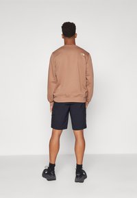 Felpa marrone con scollo rotondo e logo sul retro, abbinata a pantaloni cargo blu navy. Scarpe nere completano l'outfit.