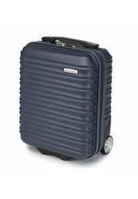 Valigia rigida di un blu navy scuro con scanalature testurizzate, dotata di manico estraibile e due ruote per la mobilità. Presente accentatura in metallo con logo.