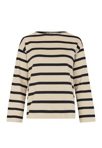 Beżowa bluzka z długim rękawem w poziome czarne paski, z okrągłym dekoltem i luźnym krojem. Charakterystyczne przeszycia w pobliżu dołu.