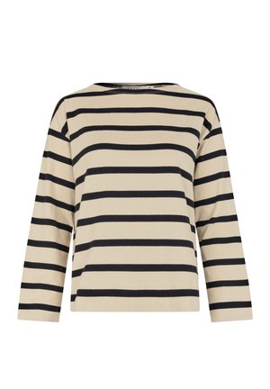 Beige top met lange mouwen, horizontale zwarte strepen, ronde hals en een losse pasvorm. Opvallende stiksel-details near de zoom.