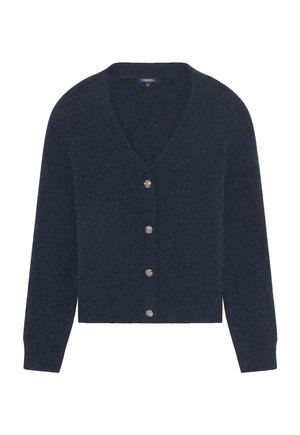 Navy blue wool cardigan with a v-neck, long sleeves, and five silver flower-shaped buttons on the front. Soft texture, cropped design.