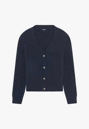 Navyblauer Wollcardigan mit V-Ausschnitt, langen Ärmeln und fünf silbernen, blumenförmigen Knöpfen auf der Vorderseite. Weicher Stoff, verkürzter Schnitt.