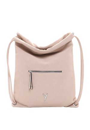 Sac épaule rose pâle perforé avec une poche zippée à l'avant, des bretelles fines et un petit logo métallique près du centre inférieur.