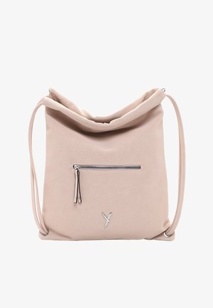 Sac épaule rose pâle perforé avec une poche zippée à l'avant, des bretelles fines et un petit logo métallique près du centre inférieur.