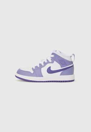 White and light purple high-top sneakers with leather and textile upper, feature logo accents, round toe, and rubber sole.