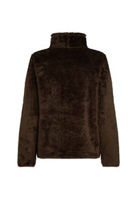 Brun fleecepullover med høj krave og lange ærmer. Blød tekstur uden synligt hardware eller mønstre. Ensfarvet hele vejen igennem.