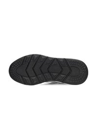 Semelle de chaussure de sport noire avec un motif texturé et antidérapant, comportant des formes en diamant et rectangulaires pour une adhérence et une stabilité accrues.