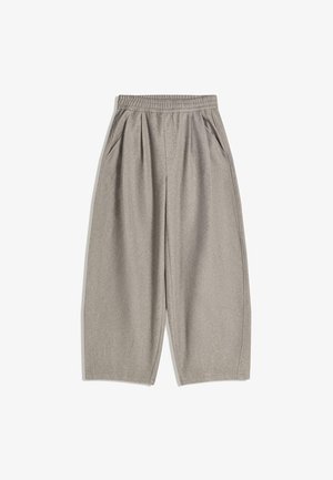 Grijze, wijde broek gemaakt van zachte stof, met een elastische tailleband en twee zijzakken, in een schoon, minimalistisch ontwerp.