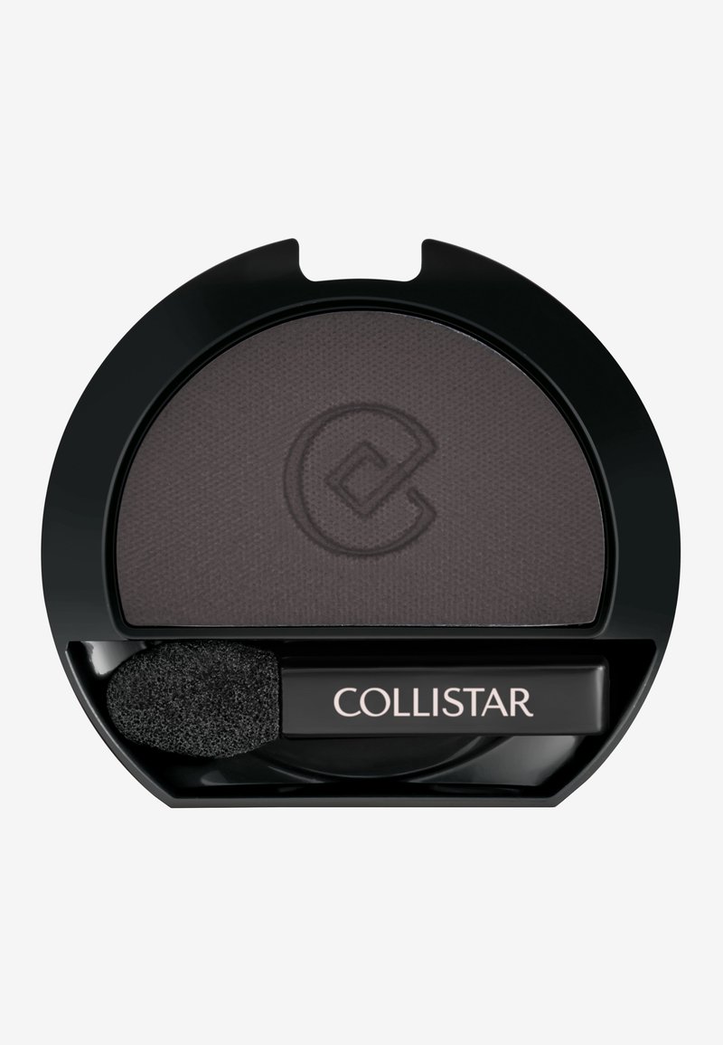 Rundes schwarzes Lidschatten-Compact mit dunkelgrauem Lidschatten, geprägt mit dem Logo, und einem kleinen schwarzen Applikatorpinsel mit der Aufschrift Collistar.