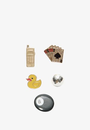 Gold-tone phone charm, playing cards with rhinestones, yellow rubber duck, silver disco ball, black pool ball with white "8."