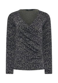 Top a maniche lunghe avvolgente di colore viola scuro con motivo astratto grigio. Presenta una scollatura a V e dettagli arricciati sulla parte frontale per aggiungere texture.