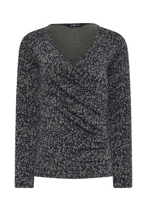 Langsleevetop met wikkeldesign in donkerpaars met grijs abstract patroon. Heeft een v-halslijn en geplooide details aan de voorkant voor textuur.