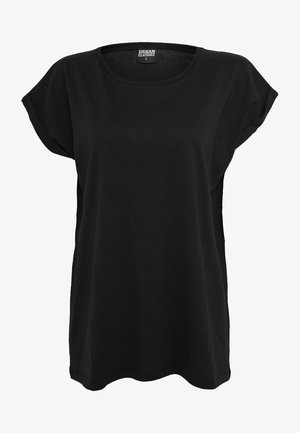 T-shirt nera in cotone con maniche corte, scollatura rotonda e vestibilità comoda. Presenta un'etichetta sul colletto. Texture liscia e design semplice.