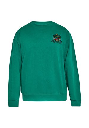 Grøn sweatshirt lavet af en bomuldsblanding, med lange ærmer, rund halsudskæring og et farvet emblem på venstre brystområde.
