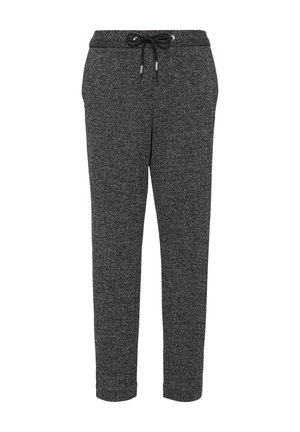 Grau melierte Herringbone-Sweatpants mit Kordelzugbund, schmal zulaufenden Beinen und weichem Material. Verfügt über metalische Akzente an den Kordelenden.