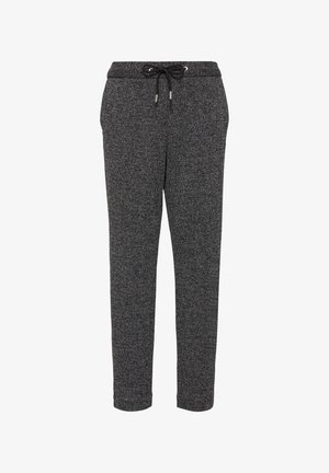 Grau melierte Herringbone-Sweatpants mit Kordelzugbund, schmal zulaufenden Beinen und weichem Material. Verfügt über metalische Akzente an den Kordelenden.