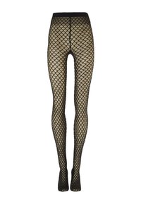 Collants en résille noire avec un motif écaille, taille haute et design à bout fermé, offrant une apparence texturisée et structurée.