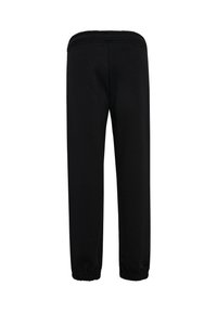 Schwarze Sweatpants mit einem elastischen Bund und Bündchen. Hergestellt aus einem weichen, glatten Stoff, mit einem schlichten Design ohne Muster oder Verzierungen.