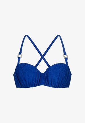 Modrý strukturovaný bikini top s texturou, vybavený zkříženými ramínky a stříbrnými detaily.
