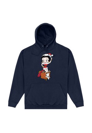 Granatowa bluza z kapturem z grafiką kreskówkowej postaci w czapce Mikołaja, ozdobiona czerwonymi i żółtymi wzorami pudełek prezentowych. Miękki materiał, kieszeń kangurza.