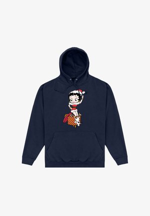 Granatowa bluza z kapturem z grafiką kreskówkowej postaci w czapce Mikołaja, ozdobiona czerwonymi i żółtymi wzorami pudełek prezentowych. Miękki materiał, kieszeń kangurza.