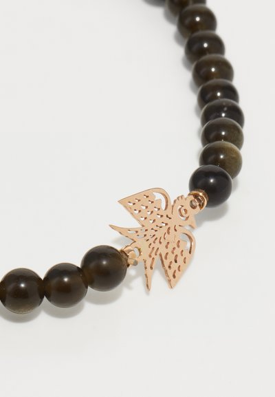 Βραχιόλι με χάντρες που διαθέτει σκούρες στρογγυλές χάντρες κ�αι κεντρική γοργόνα από ροζ χρυσό με κομμένο σχέδιο.