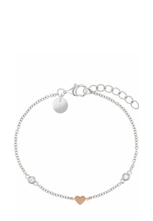 Delicato bracciale a catena in argento con piccoli cristalli tondi e un charm centrale a forma di cuore in oro rosa, fissato con un moschettone e maglie regolabili.