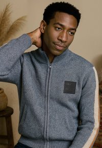 Grijze gebreide hoodie met ritssluiting en een gestructureerd oppervlak, voorzien van een logo patch op de borst en contrasterende zijstrepen in beige.