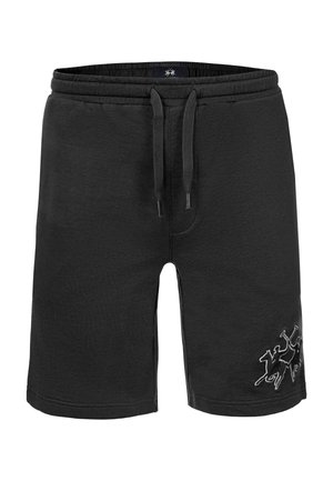 Czarne spodenki do kolan z elastycznym paskiem i sznurkiem, z małym haftowanym logo na dolnej prawej nodze.