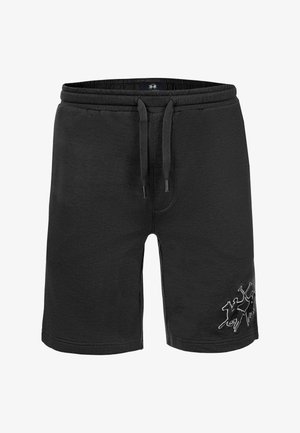 Schwarze knielange Shorts mit elastischem Bund und Kordelzug, mit einem kleinen gestickten Logo am unteren rechten Bein.