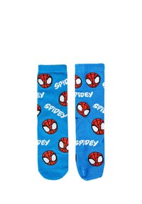 Calze blu con volti rossi di Spider-Man ripetuti e la parola "SPIDEY" in bianco. Realizzate in morbido materiale a maglia, con parte superiore senza cuciture.