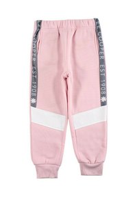 Pantalon de survêtement rose avec une ceinture élastique, des bandes d'accent blanches et un panneau latéral bleu marine avec l'inscription "LEE COOPER EST 1908". Texture douce.