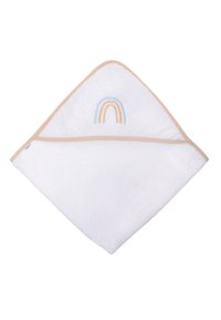 Hooded bath towel in white terry cloth with beige trim, featuring a rainbow embroidery in light blue, orange, and yellow on the hood.