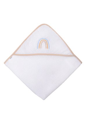 Hooded bath towel in white terry cloth with beige trim, featuring a rainbow embroidery in light blue, orange, and yellow on the hood.