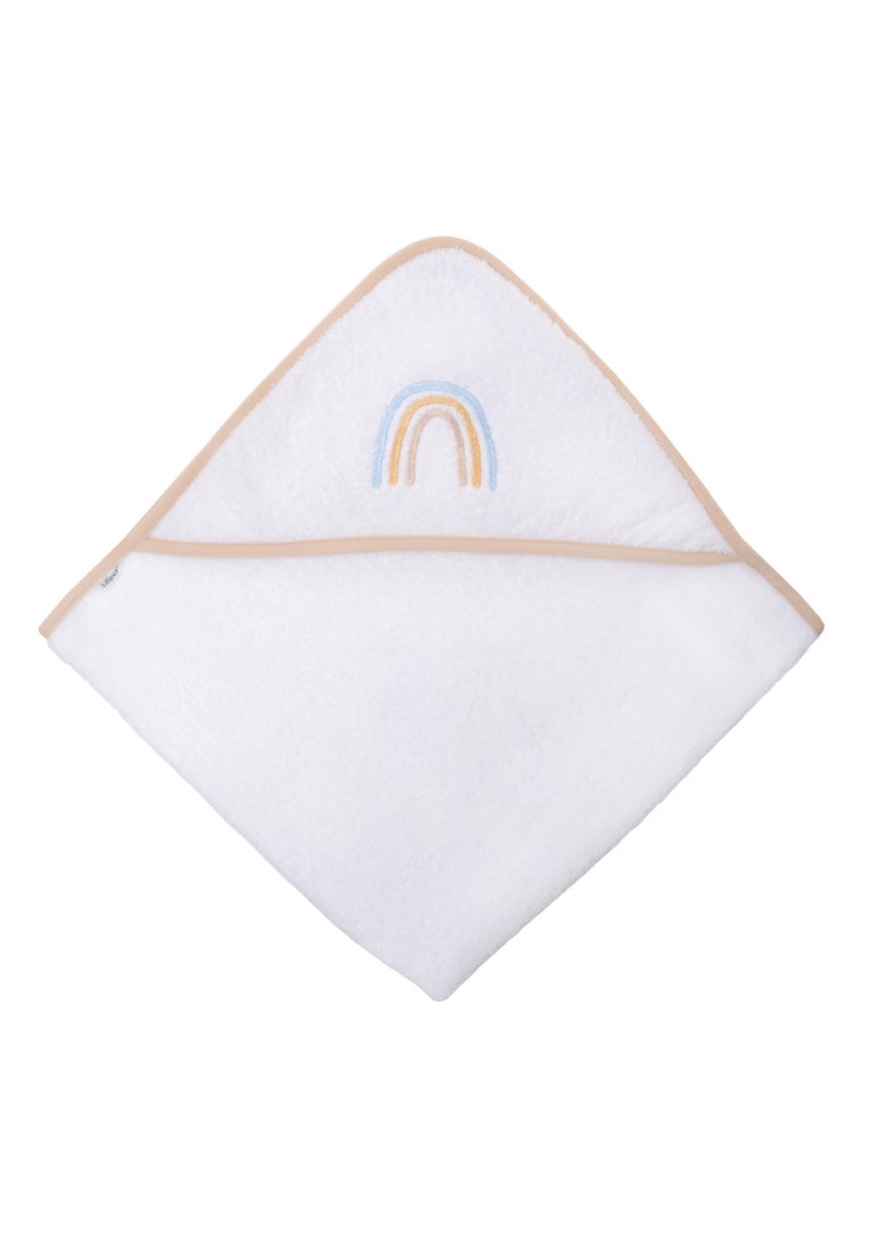 Hooded bath towel in white terry cloth with beige trim, featuring a rainbow embroidery in light blue, orange, and yellow on the hood.